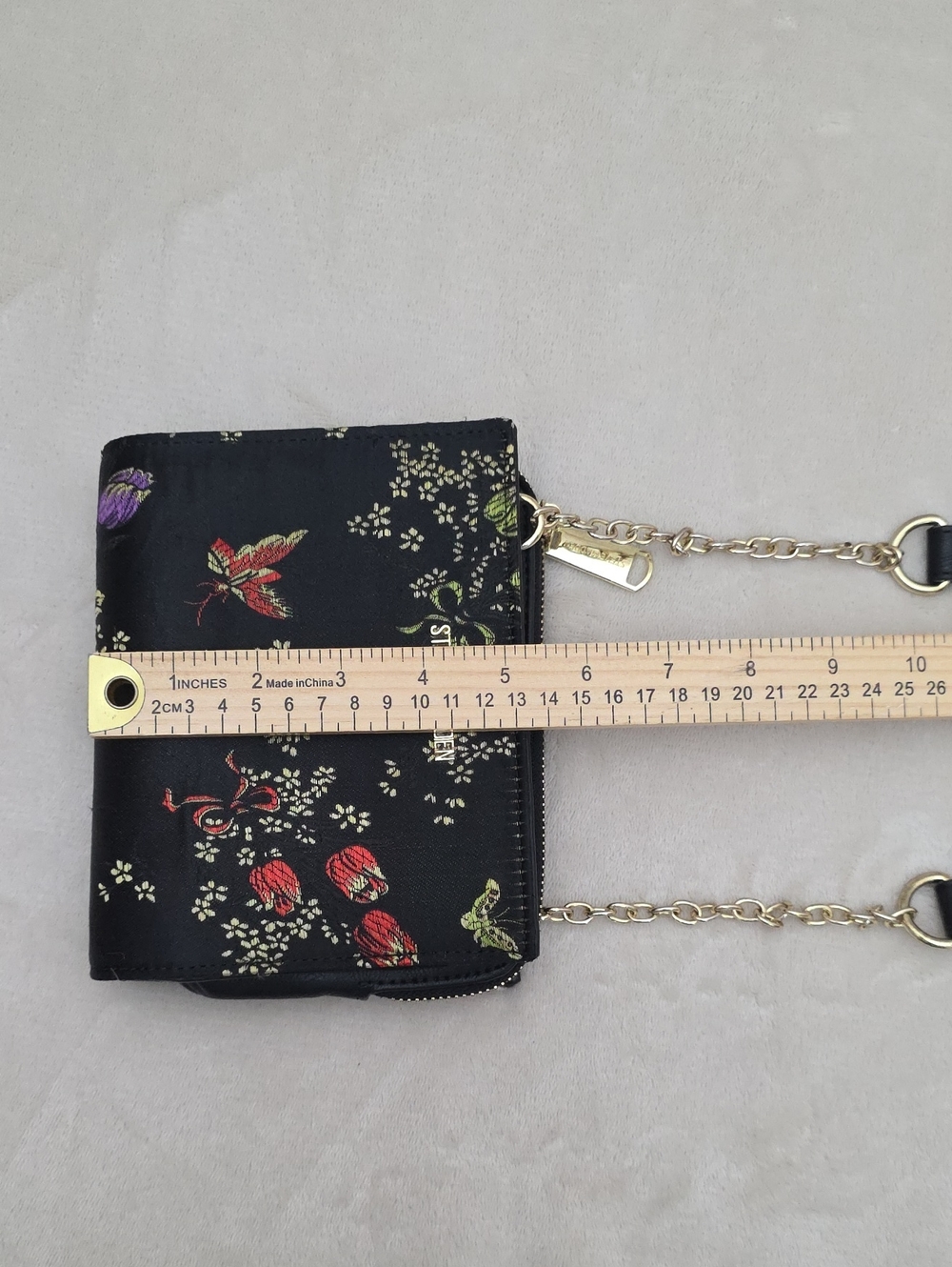 Steve Madden Black Floral Crossbody Bag Gold Chain Convertible Purse Wristlet - Picture 8 of 12